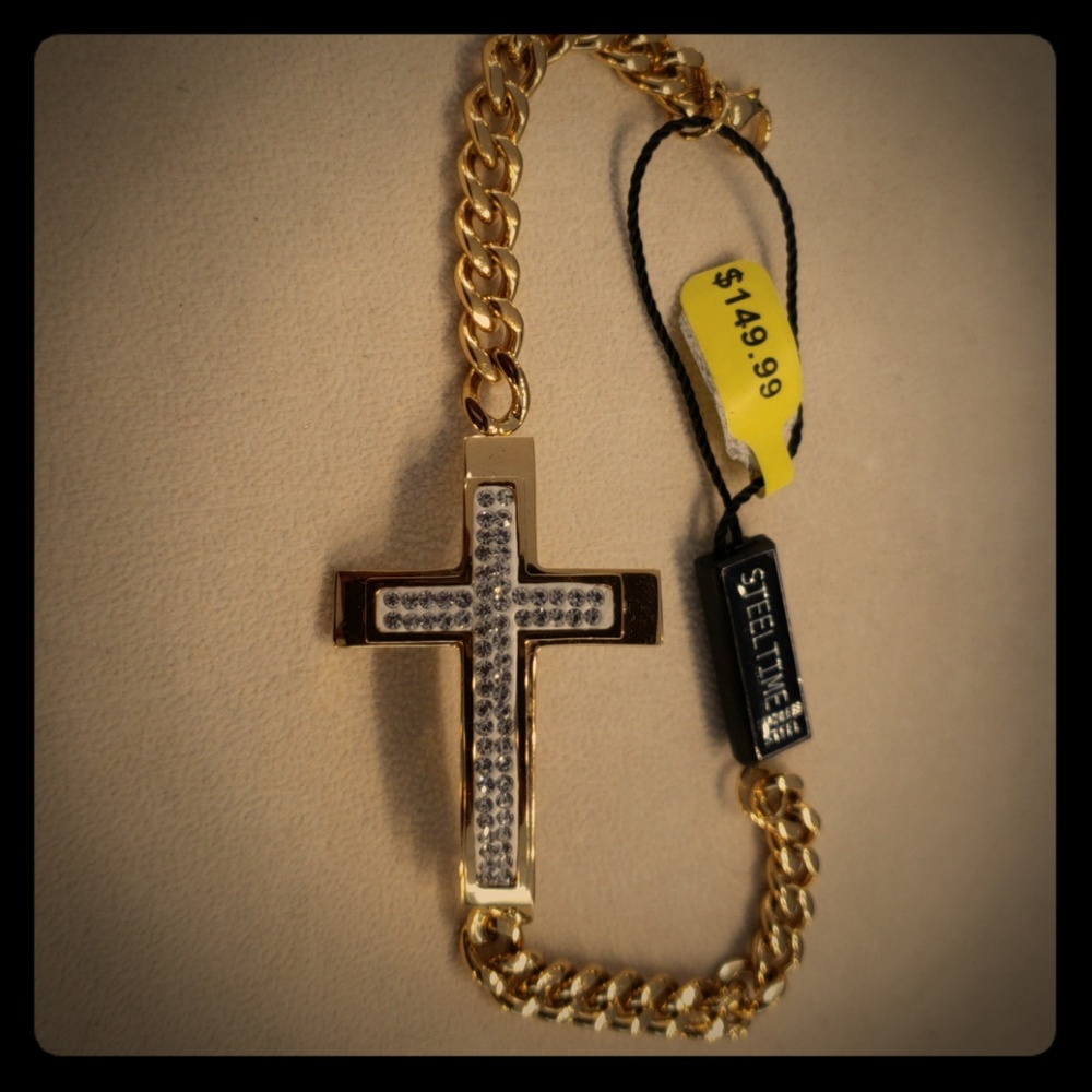 Stainless Steel  Cuban 9" CZ Cross Bracelet